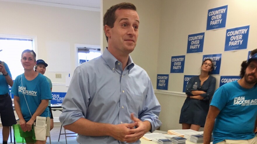 Democratic candidate Dan McCready talks to volunteers at his campaign office in Waxhaw, N.C., last weekend.