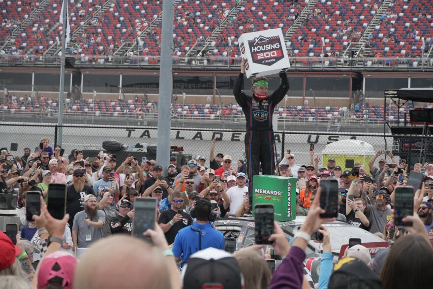 Andy Jankowiak of Tonawanda, NY celebrates his first career win in the ARCA Menards Series at Talladega Superspeedway in Alabama.