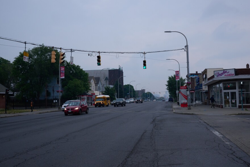 Recent early morning traffic at an intersection in Albany, N.Y. Parts of the city have little public transportation, which is a significant obstacle for residents - including newly arrived migrants.