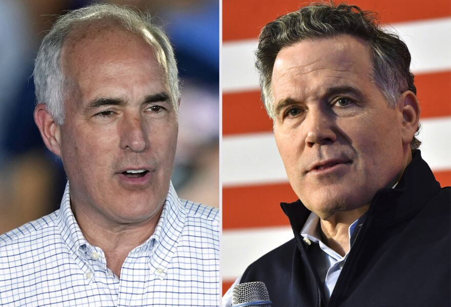 This combination of photos taken in Pennsylvania shows Sen. Bob Casey, D-Pa., left, at a campaign event, Sept. 13, 2024, in Wilkes-Barre, and David McCormick, the Republican nominee for Senate in Pennsylvania, at a campaign event, April 25, 2024, in Harrisburg.