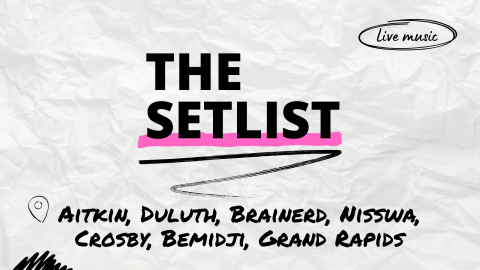 "The Setlist" and " Aitkin, Duluth, Brainerd, Nisswa, Crosby, Bemidji, Grand Rapids" over a crumpled paper background.