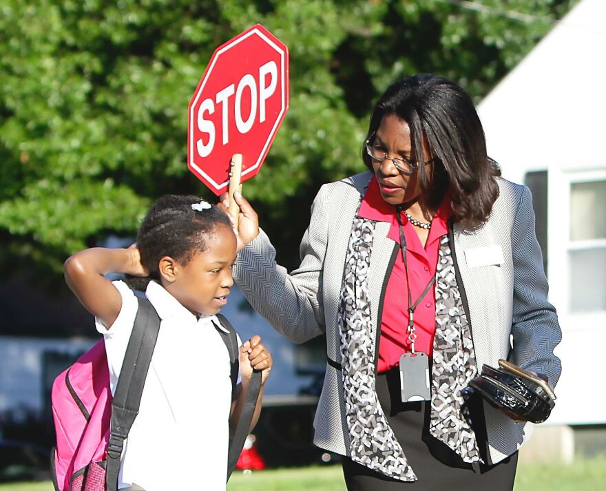 Jennings Superintendent Tiffany Anderson takes her turn as a crossing guard.