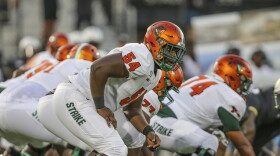 Florida A&M offensive lineman Andre Regis (54) during an NCAA football game against Central Florida on Thursday, Aug. 29, 2019 in Orlando, Fla. (AP Photo/Gary McCullough)