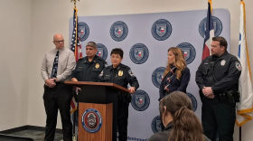 Members of the executive staff of the Denton Police Department at a press conference for an officer-involved shooting on Sunday. Left to right: Deputy Chief of Police Michael Christian, Assistant Chief of Police Tony Salas, Chief of Police Jessica Robledo, Deputy City Manager Cassey Ogden and Deputy Chief of Police Derek Bradford.