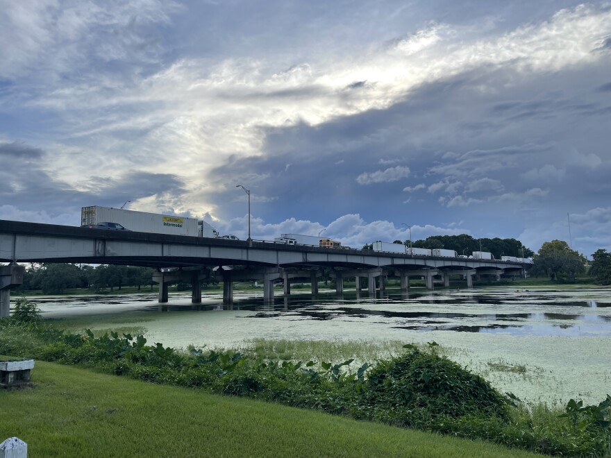 As Baton Rouge residents fled west before Hurricane Ida, traffic backed up all the way from the Horace Wilkinson Bridge to this bridge over City Park Lake. August 28, 2021.