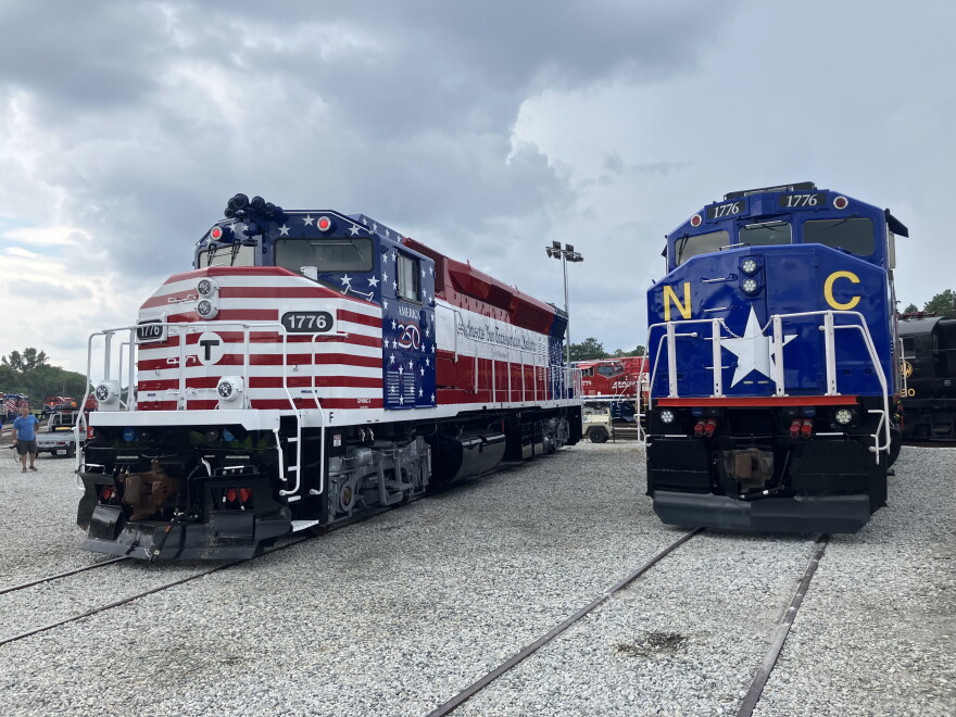 two trains in patriotic designs