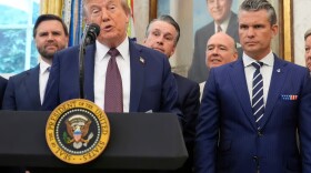 President Donald Trump speaks about the relocation of U.S. Space Command headquarters from Colorado to Alabama in the Oval Office of the White House, Tuesday, Sept. 2, 2025, in Washington, as Vice President JD Vance and Defense Secretary Pete Hegseth listen.