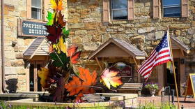 The sculpture's 22 large, colorful fall leaves represent the average number of veterans who commit suicide each day.