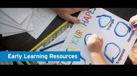 Early Learning Resources graphic, a small child's hands are shown tracing shapes with a blue marker, including a triangle, hexagon, and trapezoid. 