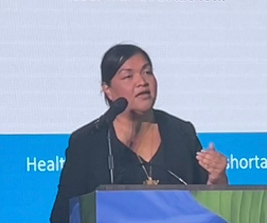 Melanie Mendiola, vice president and director of investor education and guidance at BG Investment Services, addresses the 2026 Economic Forum Jan. 22, 2026, at the Dusit Thani.