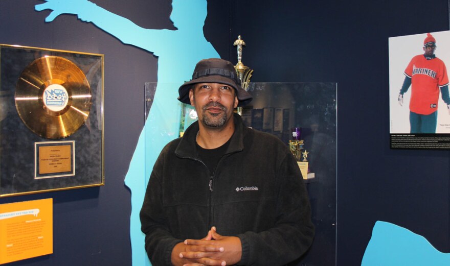 Dr. Daudi Abe, professor and historian, at the 'Legacy of Seattle Hip-Hop' exhibit at MOHAI, Sept. 2015.