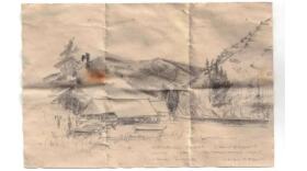 A drawing on an old, folded piece of paper shows a cabin, boats along a lake and mountains in the background. In the bottom right corner someone has written, "Crystal Creek Campground."