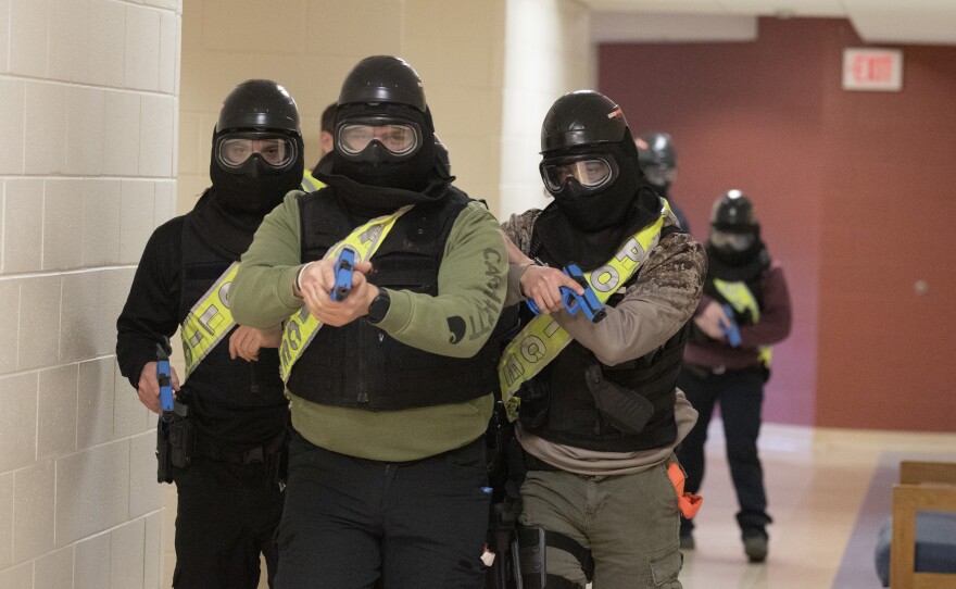 Officers participate in active shooter training at Commonwealth University of Pennsylvania’s Bloomsburg campus.
