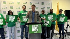 Mayor Tim Keller speaks in front of union members at the AFSCME Staff the Front Lines event in an effort to recruit more public service employees on Aug. 14, 2023.