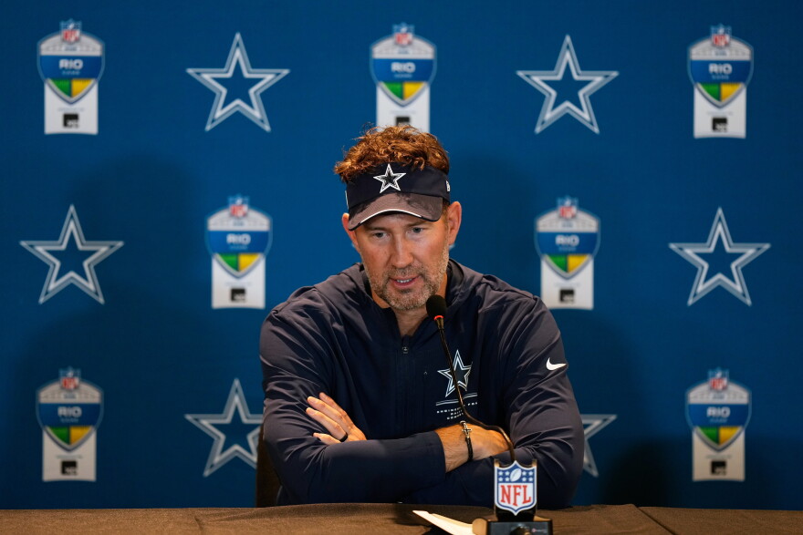 Dallas Cowboys head coach Brian Schottenheimer speaks during a press conference after an NFL football game against the Baltimore Ravens in Rio de Janeiro, Sunday, Sept. 27, 2026.