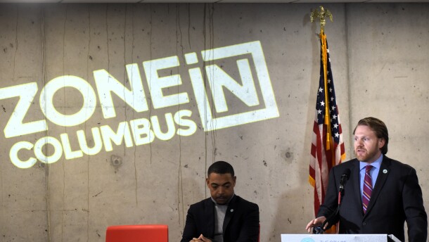 Columbus City Council President Pro Tem Rob Dorans speaks about the Zone in Columbus initiative at a press conference on April 4, 2024.