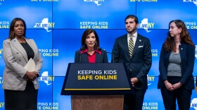 Gov. Kathy Hochul lends support for bills to protect children using social media at an event held Oct. 11, 2023, at the United Federation of Teachers headquarters in New York City. Attorney General Letitia James is at left; bill sponsors Sen. Andrew Gounardes and Assemblymember Nily Rozic are at right.