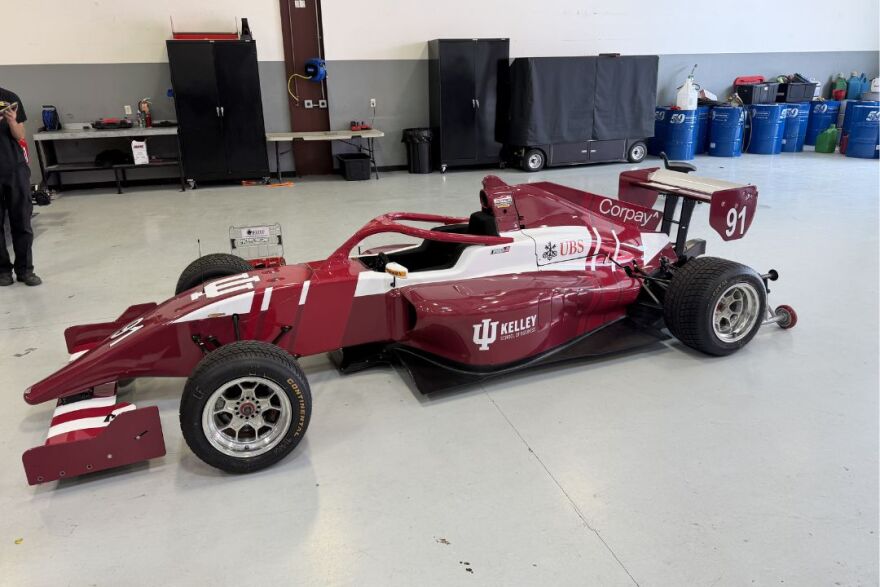 IU rising senior and USF Pro 2000 Series race car driver Joey Brienza's car adorned with Indiana University colors and logos.