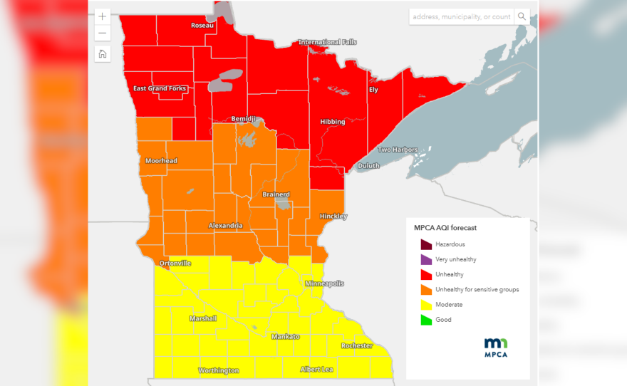 A map produced by the Minnesota Pollution Control Agency shows the forecast for air quality for Tuesday, July 29, 2025. Wildfire smoke is expected to move into the state Monday night and linger throughout the week.