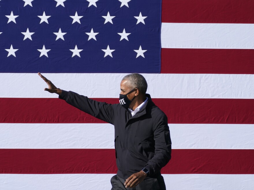 Former President Obama campaigned for his former vice president, Joe Biden, on Monday at Turner Field in Atlanta.