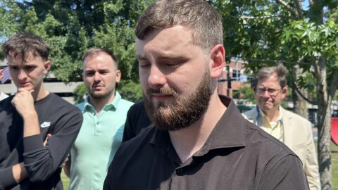 Emir Cecunjanin, the son of West Hartford restaurant owner Seyo Cecunjanin, at a press conference in June 2026. Seyo Cecunjanin was improperly registered to vote but never did so.