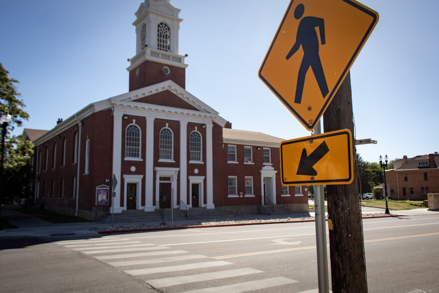A zebra crosswalk with a non-school pedestrian crossing sign in Ogden, Sept. 9, 2026.