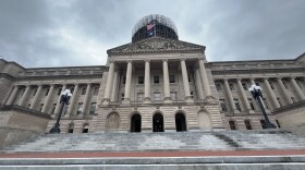 A wide shot of the front entrance to the Kentucky Capitol. 