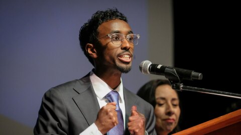Liban Mohamed speaks to delegates during the Utah Democratic Convention at Jordan High School in Sandy, April 25, 2026, before going on to be the convention’s pick for the 1st Congressional District.