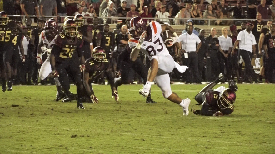 Virgina Tech wide receiver Eric Kumah (83) catches the game's final touchdown as the Hokies trounce the FSU Seminoles at home on September 3, 2018
