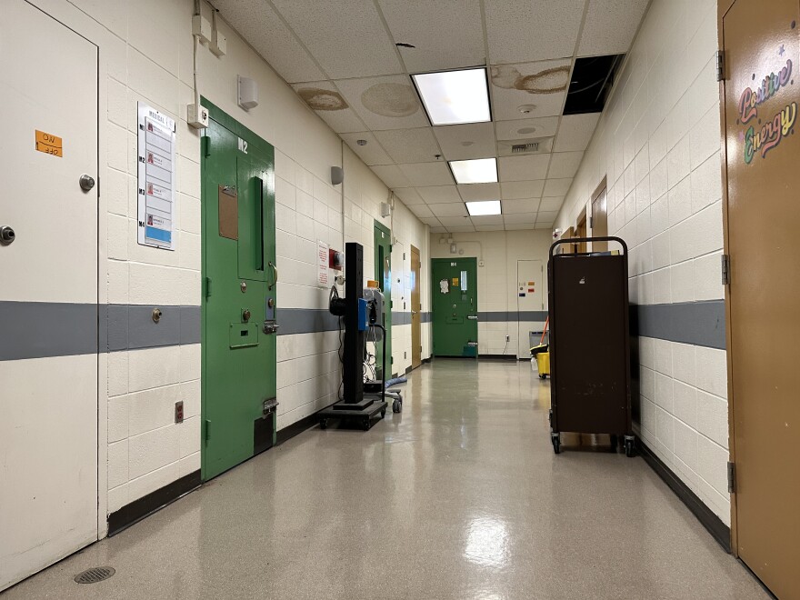 The mental health wing of the Flathead County Detention Center in Kalispell, Montana. This wing is the only part of the jail that has single cells with windows to hold inmates who are a risk to themselves or others. When these cells regularly fill up, inmates waiting for admission to the state hospital are kept in windowless cells in the jail's receiving area.