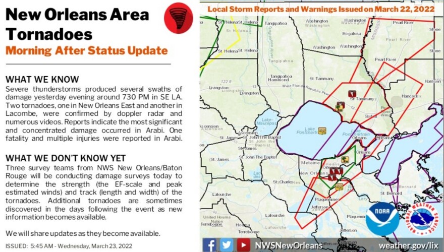 The National Weather Service in New Orleans released a map with preliminary findings regarding tornado damage that occurred on 03.22.22,