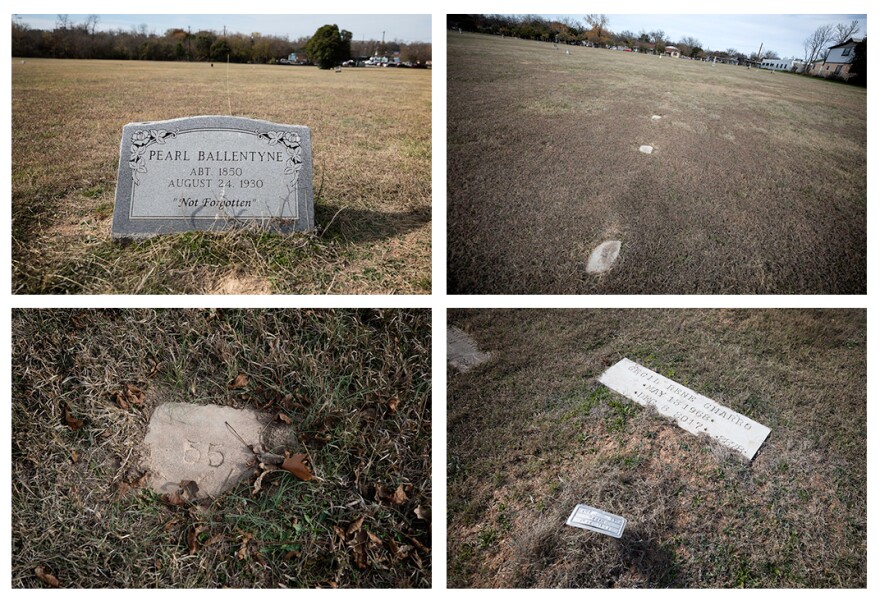 Gravestones at the Austin State Hospital Cemetery on 51st St. Some have names, while most are marked simply with a number.