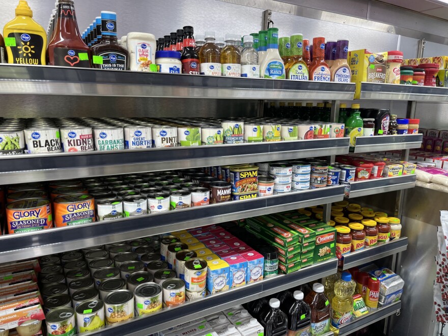 Stocked shelves aboard the Fresh for You Market on Wheels. (Jill Sheridan/WFYI)