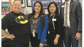 Spanish Lakes Elementary principal Jaquiline Arias-Gonzalez (left) with Teach-A-Thon participants Jessica Saavedra, Luisa Uribe, and Hector Rodriguez.