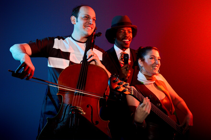 Biribá Union features Mike Block (cello, vocals), Christylez Bacon (beatbox, guitar, rhymes) and Patricia Ligia (bass)