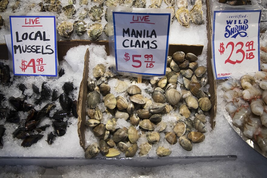 Oysters, mussels and clams are shown on Tuesday, January 9, 2018, at City Fish Co. at Pike Place Market in Seattle. 