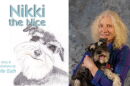 The left side is a picture of a smiling dog and the right side is a blonde woman wearing a blue and purple shirt holding a dog