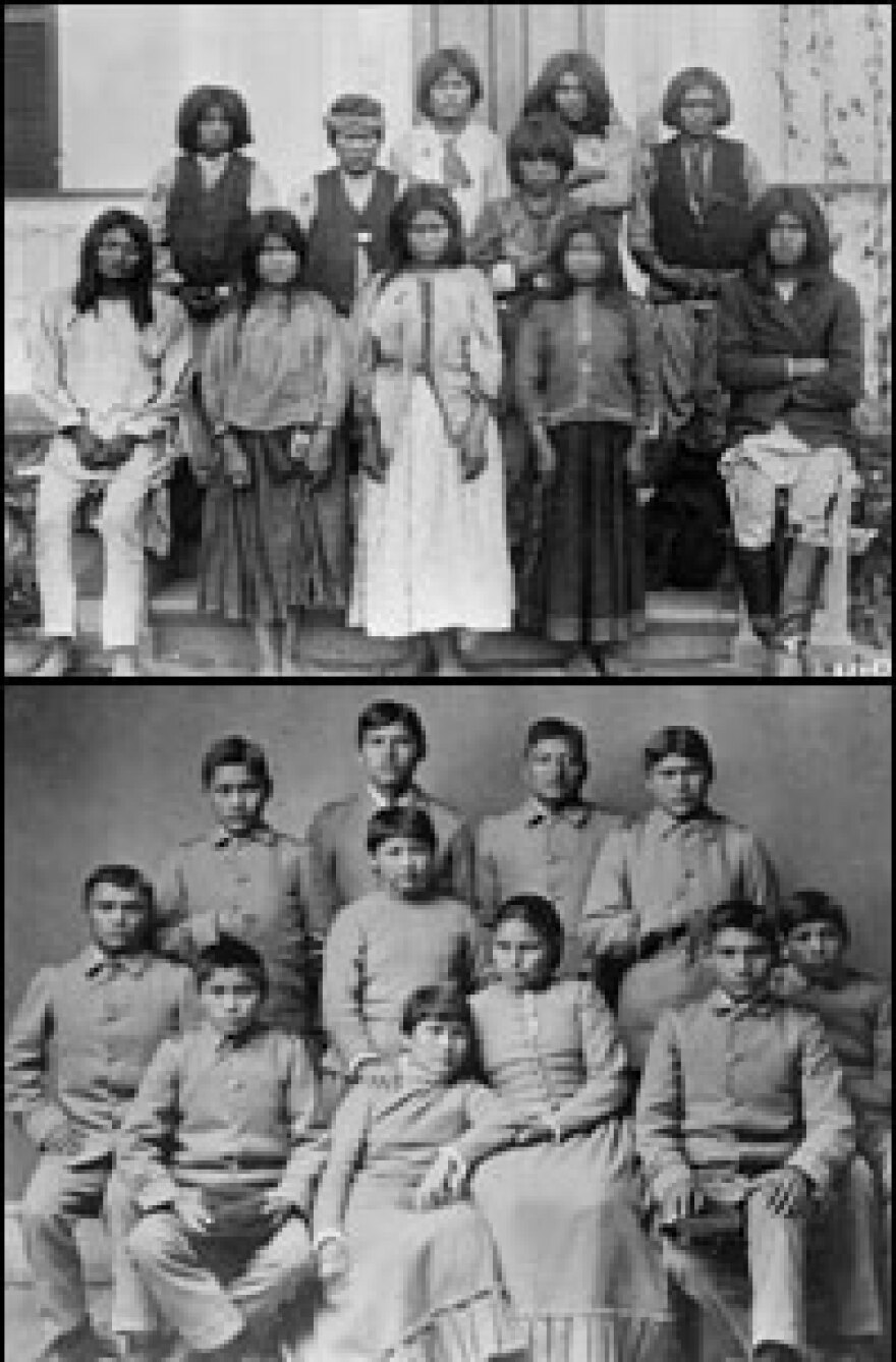 Top: A group of Chiricahua Apache students on their first day at Carlisle Indian School in Carlisle, Pa. Bottom: The same students four months later.