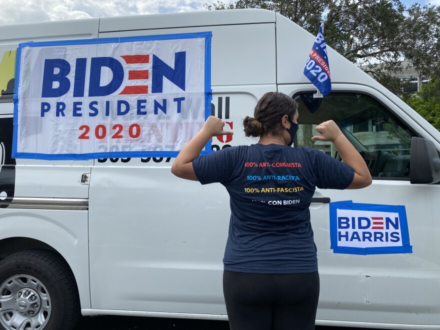 Daniela Ferrera wearing her Cubanos Con Biden shirt at the protest.