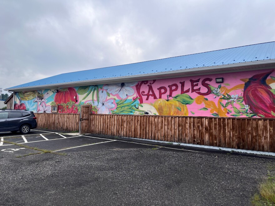 A colorful mural on the side of a building shows food, a cardinal and the word "apples".