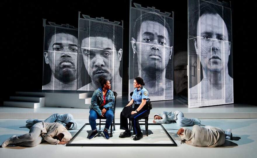 West Philly cop Glenda (Kirsten Chávez) asks Un/Sung (Lauren Whitehead) why she and her brothers are not in school.