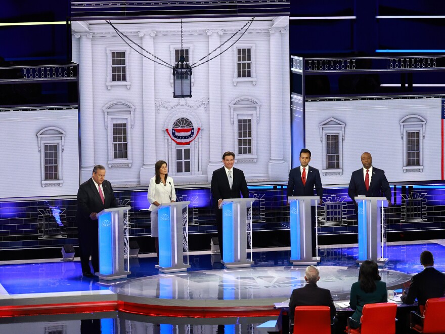 Republican presidential candidates former New Jersey Gov. Chris Christie, former U.N. Ambassador Nikki Haley, Florida Gov. Ron DeSantis, Vivek Ramaswamy and South Carolina Sen. Tim Scott participate in the NBC News Republican Presidential Primary Debate at the Adrienne Arsht Center for the Performing Arts of Miami-Dade County on Thursday in Miami.
