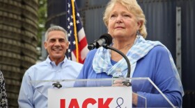 Diane Allen speaks Wednesday at the Burlington County Agricultural Center in Moorestown after Republican candidate for New Jersey governor, Jack Ciattarelli (left), announced that she would be his running mate.