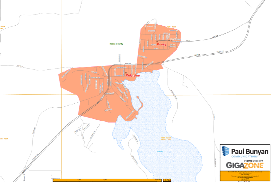 A map of Paul Bunyan Communications' planned 2025 expansion in Coleraine and Bovey.