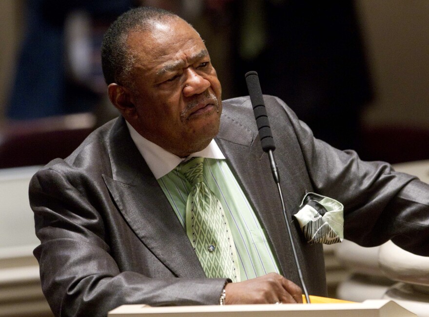 FILE - Alabama Sen. John Rogers, D-Birmingham, speaks during a House session at the Statehouse, April 17, 2012, in Montgomery, Ala. Rogers will plead guilty to conspiracy and obstruction of justice, federal prosecutors announced Monday, March 11, 2024. (AP Photo/Dave Martin, File)