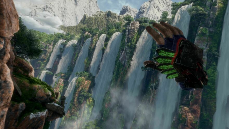 Scale fantastic scenery with disembodied hands in PS VR2's flagship launch game, <em>Horizon Call of the Mountain.</em>