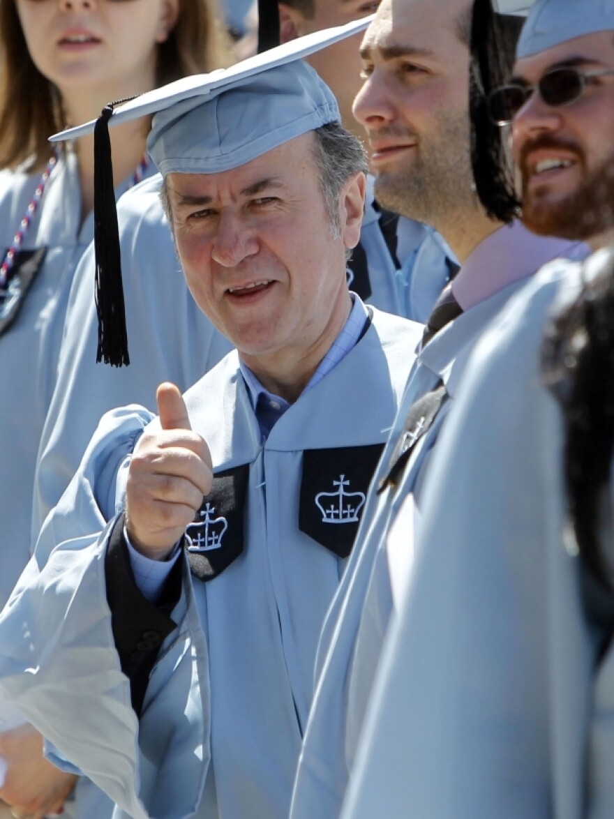 Filipaj give a thumbs-up during the Columbia University School of General Studies graduation ceremony.