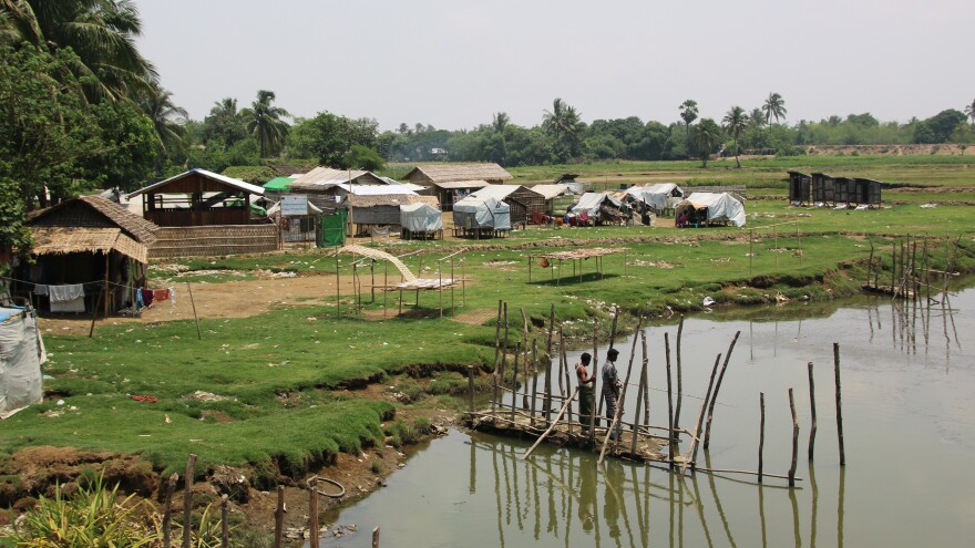 A camp for displaced Rohingya people sits by a river outside Sittwe, the capital of western Myanmar's Rakhine state. Rohingya are not able to travel freely outside the camps.
