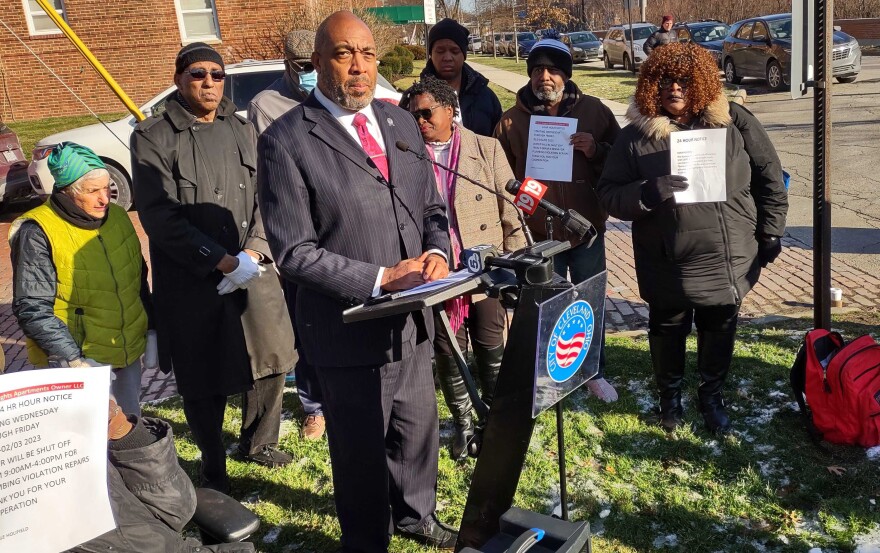 Cleveland City Council President Blaine Griffin is joined by tenants and organizers outside an apartment building owned by the Manhattan-based Chetrit Group on Feb. 1, 2023.