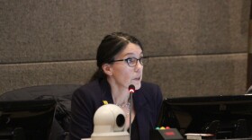 brown haired woman speaks into microphone